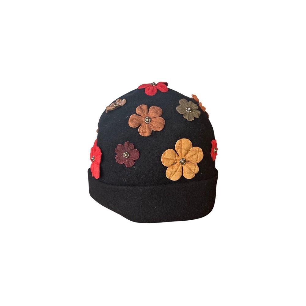 Kokin New York Black Wool Felt Floral Beaded Hat Vintage Boho Cloche 21"